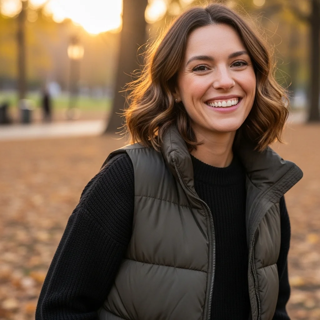 Black Sweater Layered Under a Cozy Puffer Vest