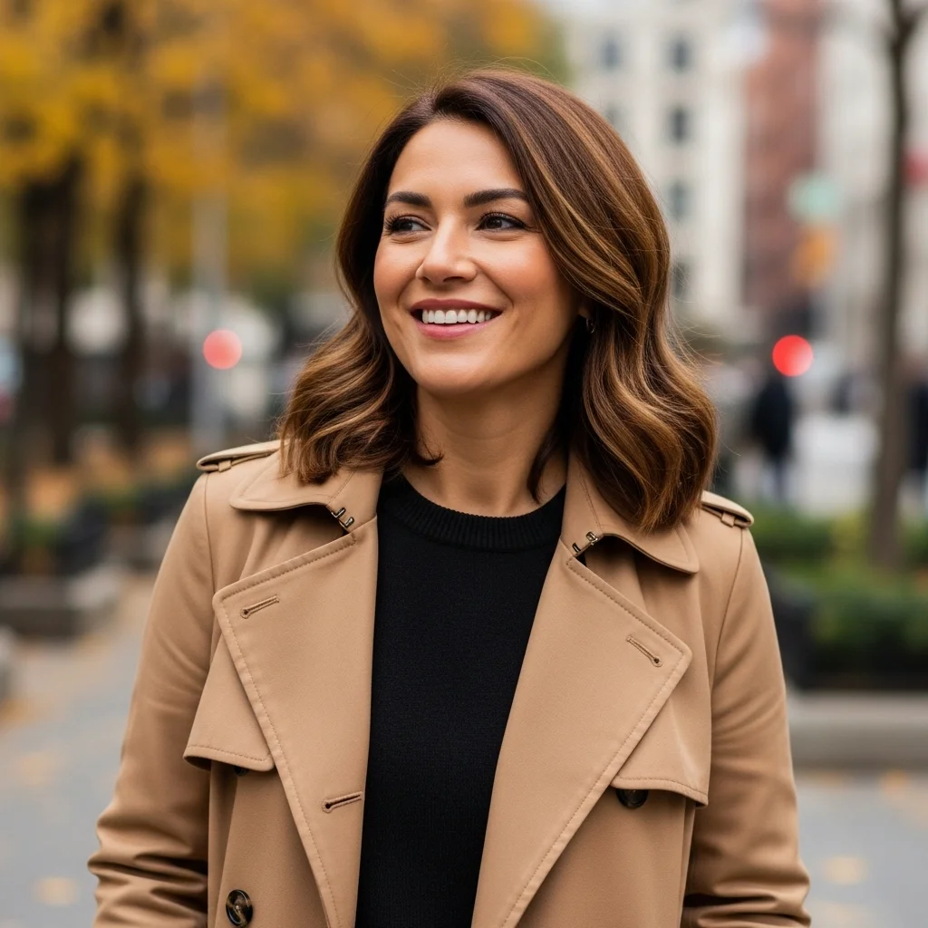 Black Sweater Layered With a Camel Trench Coat
