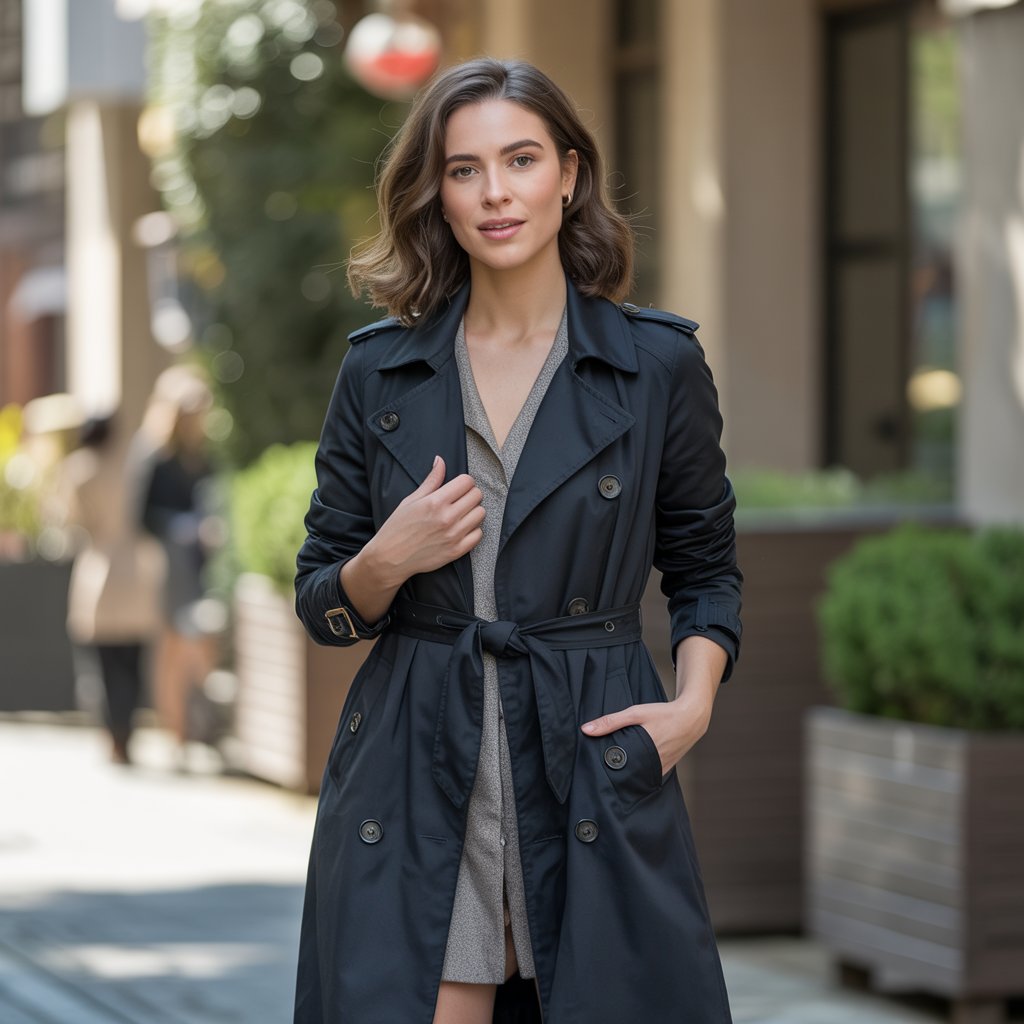 Black Trench Coat Belted Over a Dress