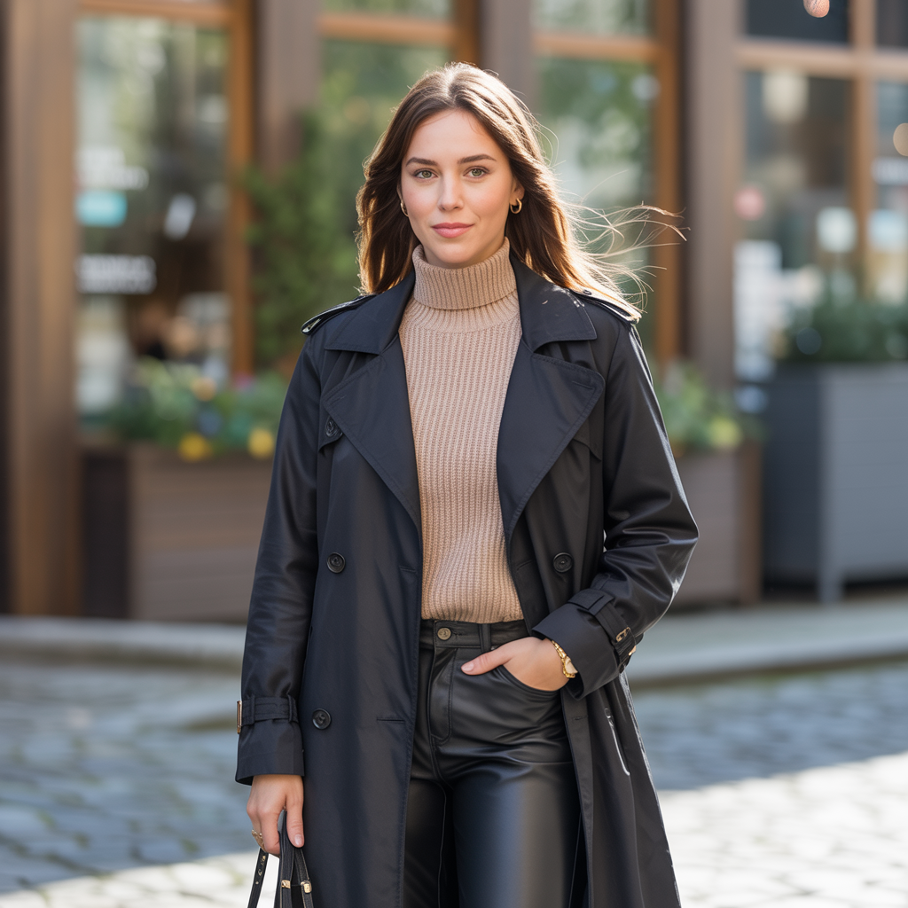 Black Trench Coat and Leather Pants