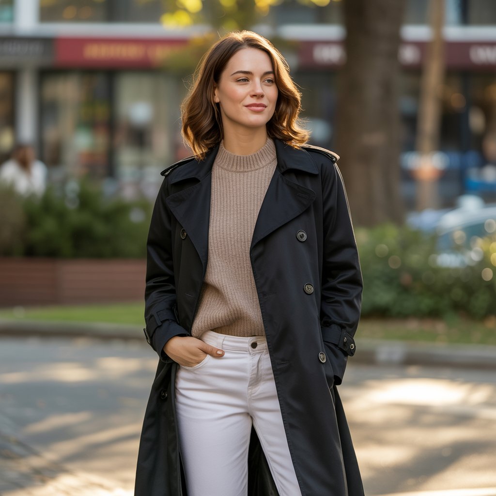 Black Trench Coat and White Pants