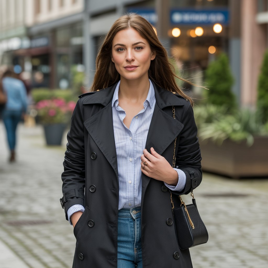 Black Trench Coat and a Striped Shirt