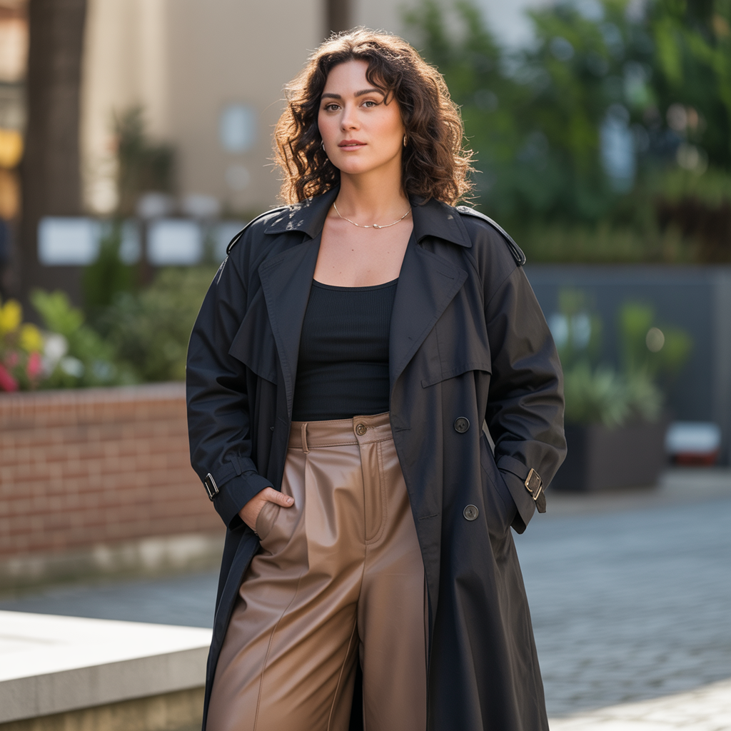 Black Trench Coat with Wide-Leg Pants