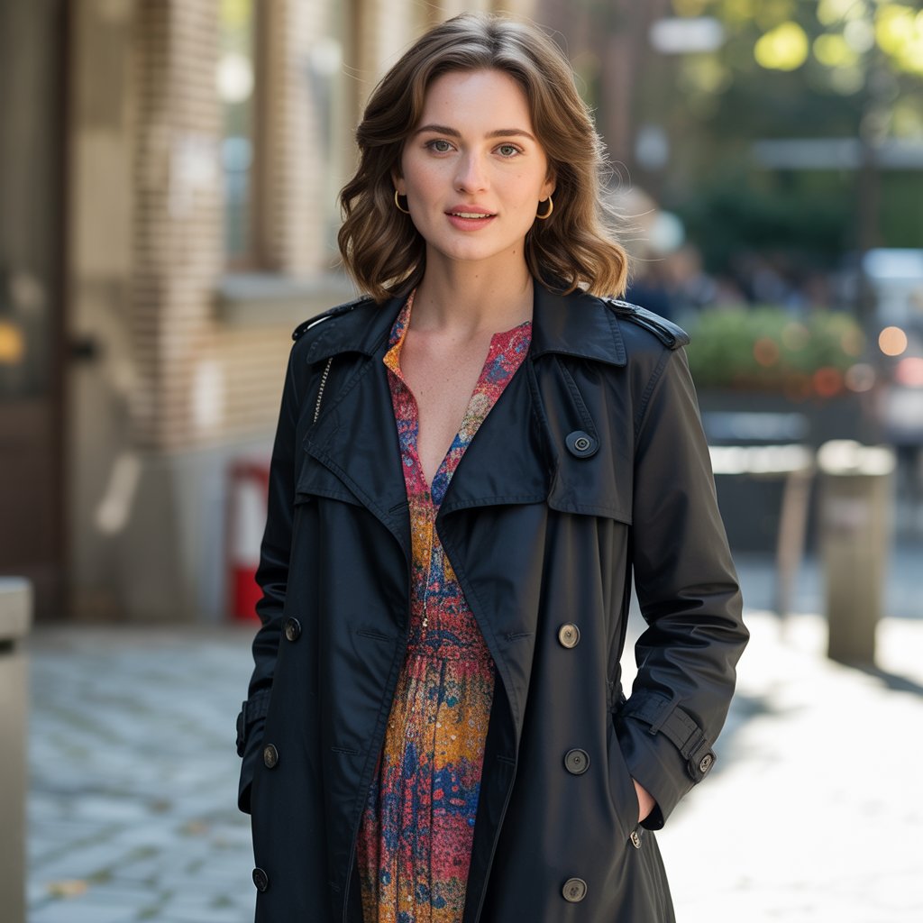 Black Trench Coat with a Brightly Colored Dress