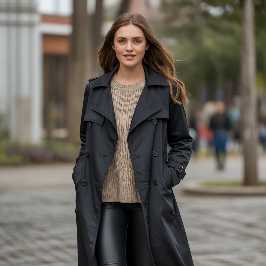 Black Trench Coat with a Cozy Sweater and Leggings