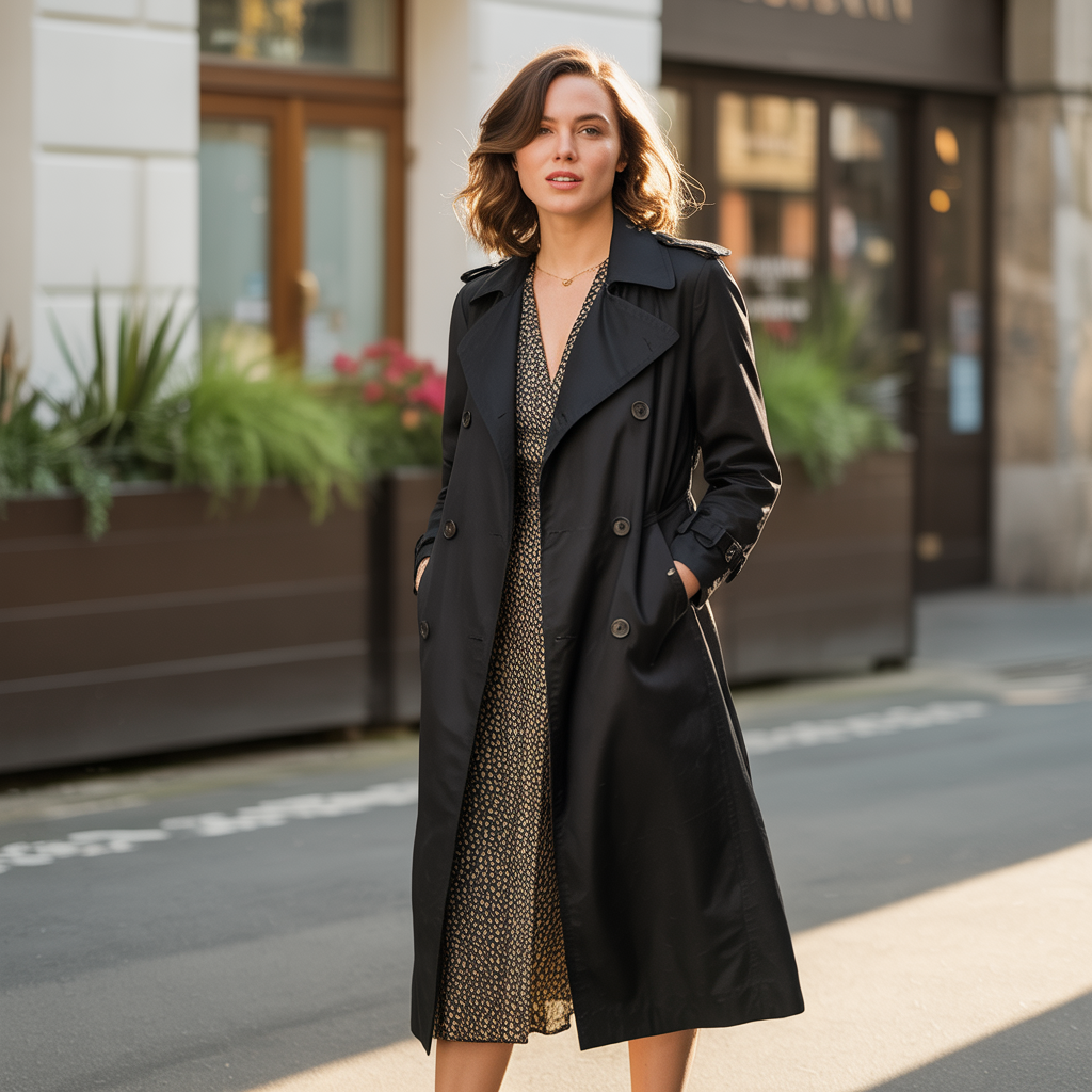 Black Trench Coat with a Midi Dress