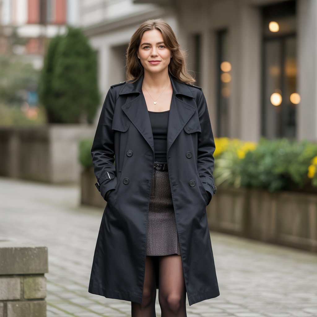 Black Trench Coat with a Skirt and Tights