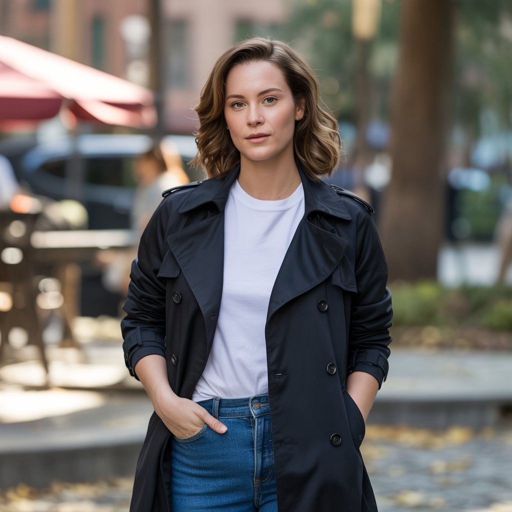 Black Trench Coat with a White T-Shirt and Blue Jeans