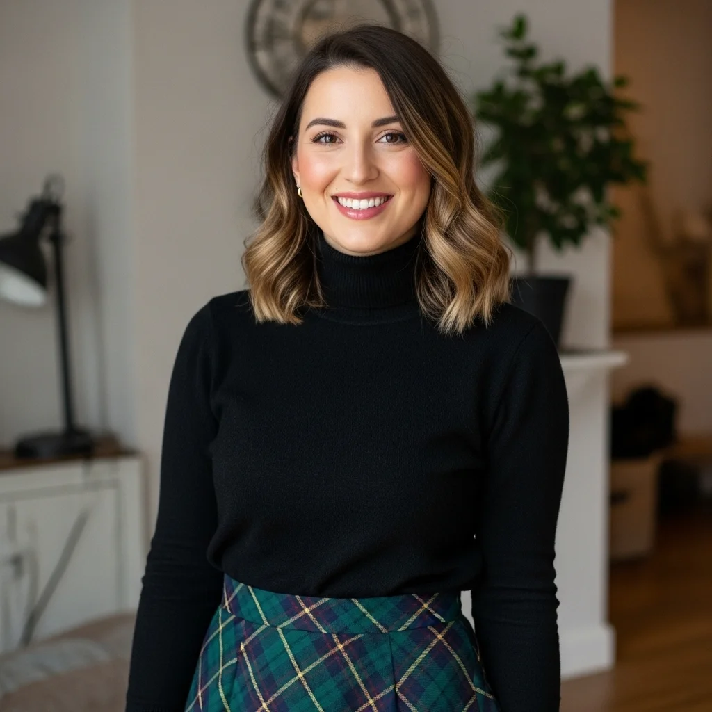 Black Turtleneck Sweater Paired With a Plaid Skirt