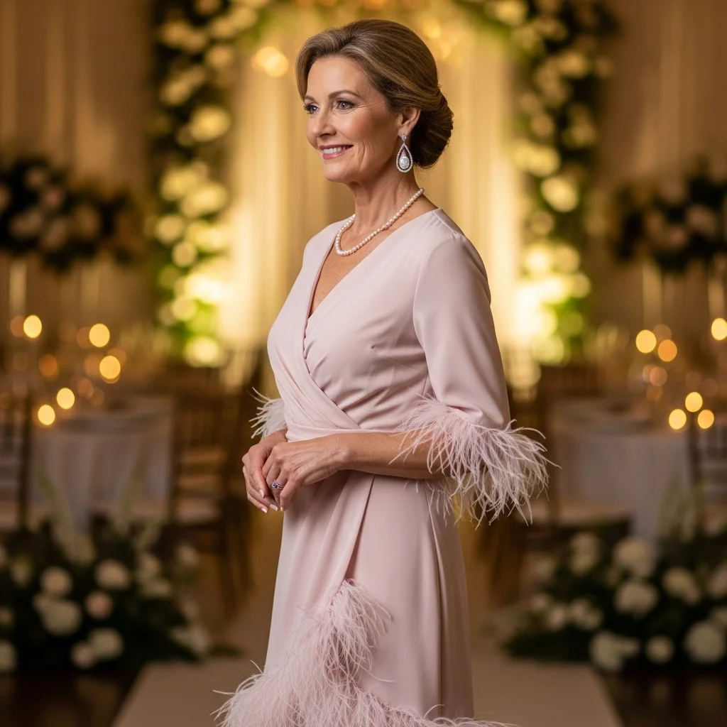 Blush Pink Wrap Evening Gown with Feather Trim