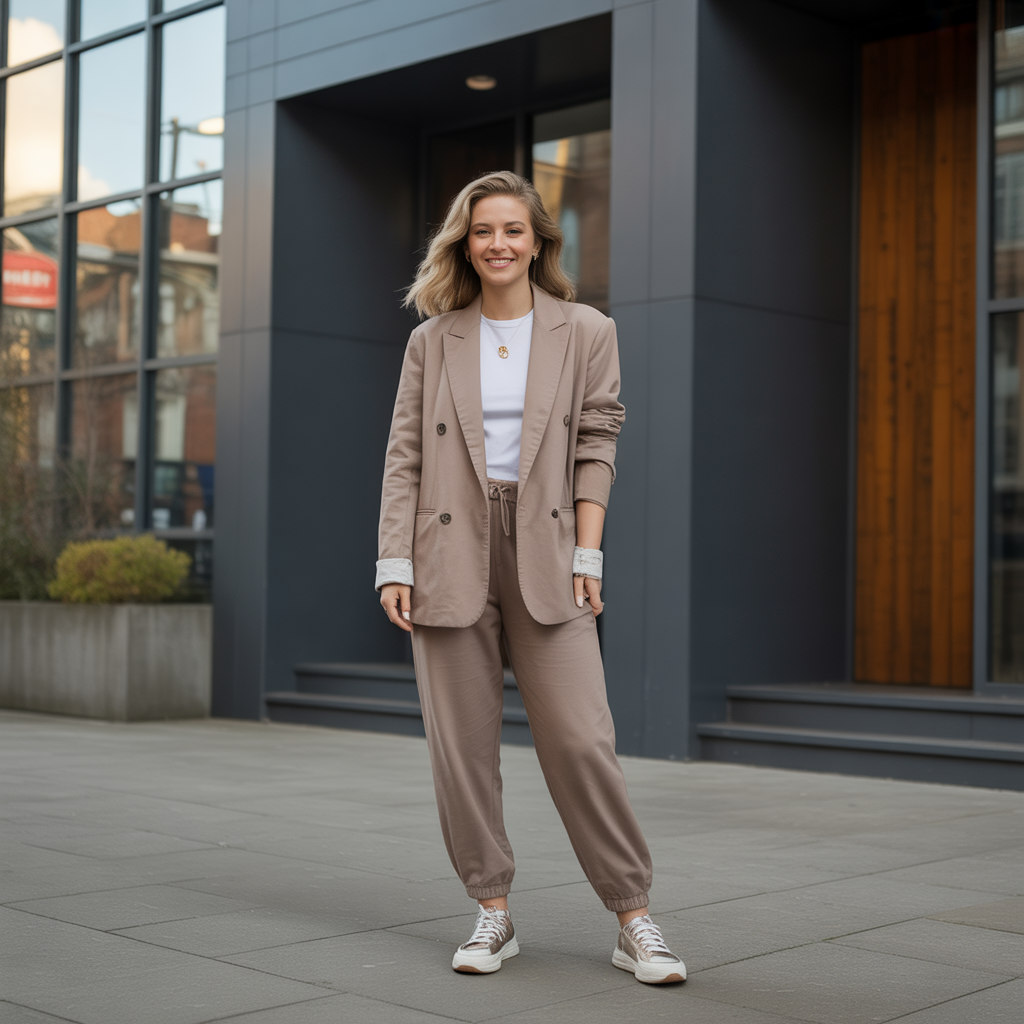Boyfriend Blazer with Joggers and Sneakers