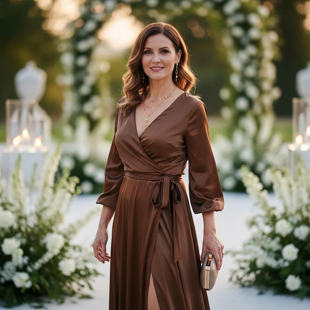 Bronze Satin Wrap Gown with Side Slit