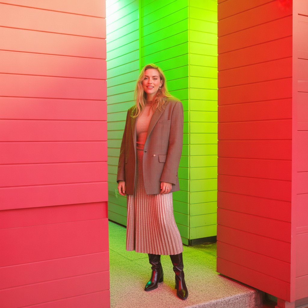 Brown Blazer with a Midi Skirt and Boots