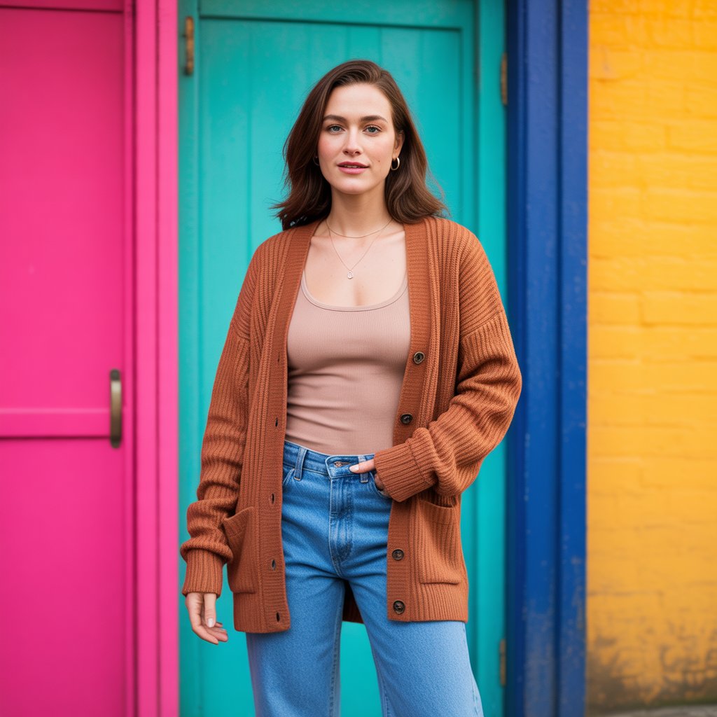 Brown Cardigan Jacket with Jeans and a Tank Top