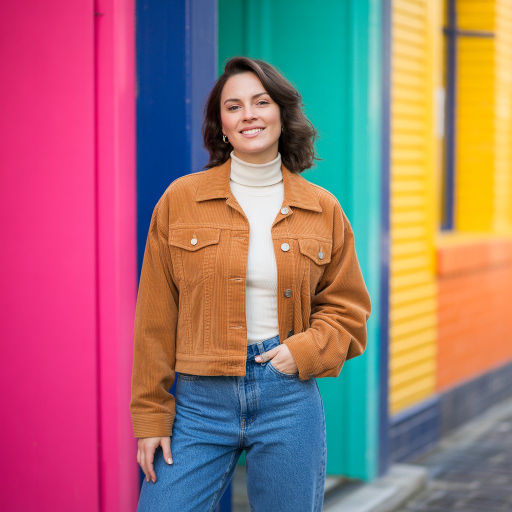 Brown Corduroy Jacket with High-Waisted Jeans