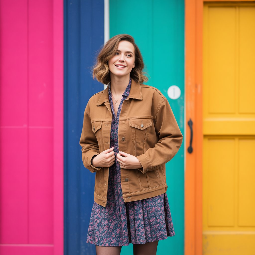 Brown Denim Jacket with a Floral Dress