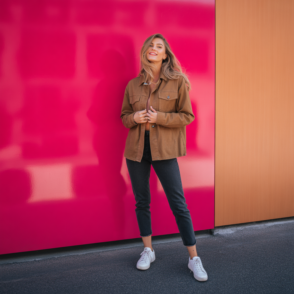 Brown Jacket with Black Jeans and White Sneakers