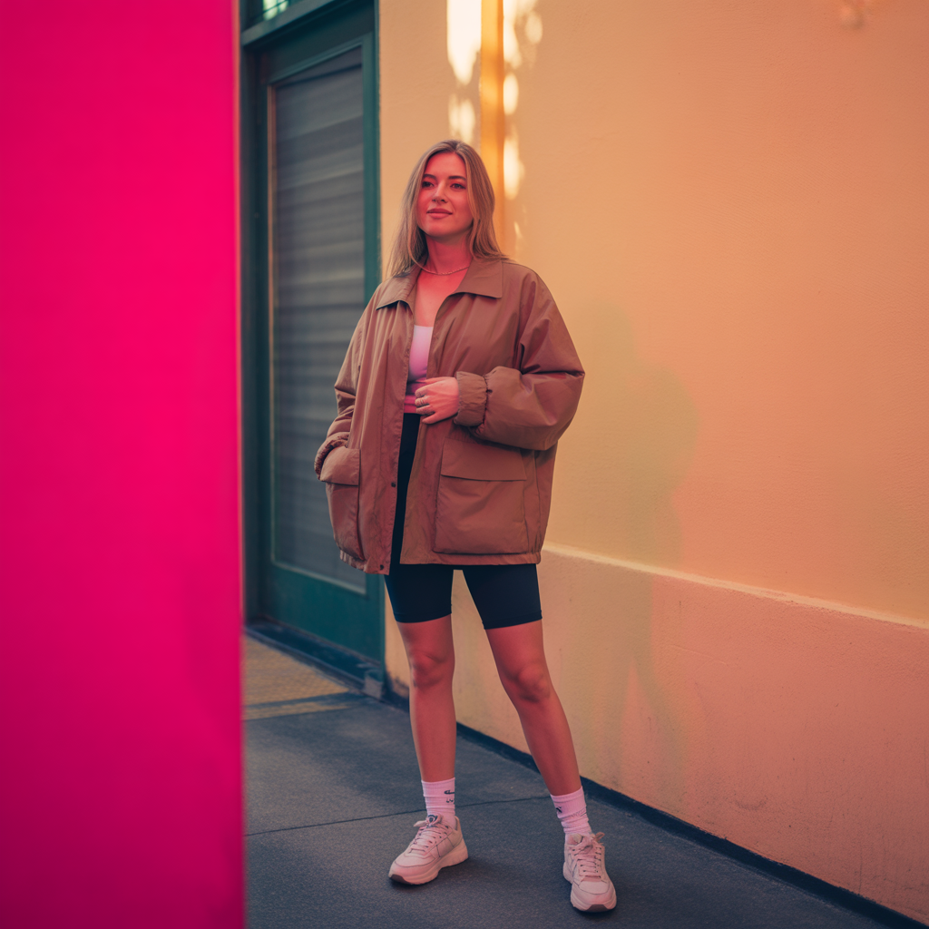 Brown Oversized Jacket with Bike Shorts and Sneakers