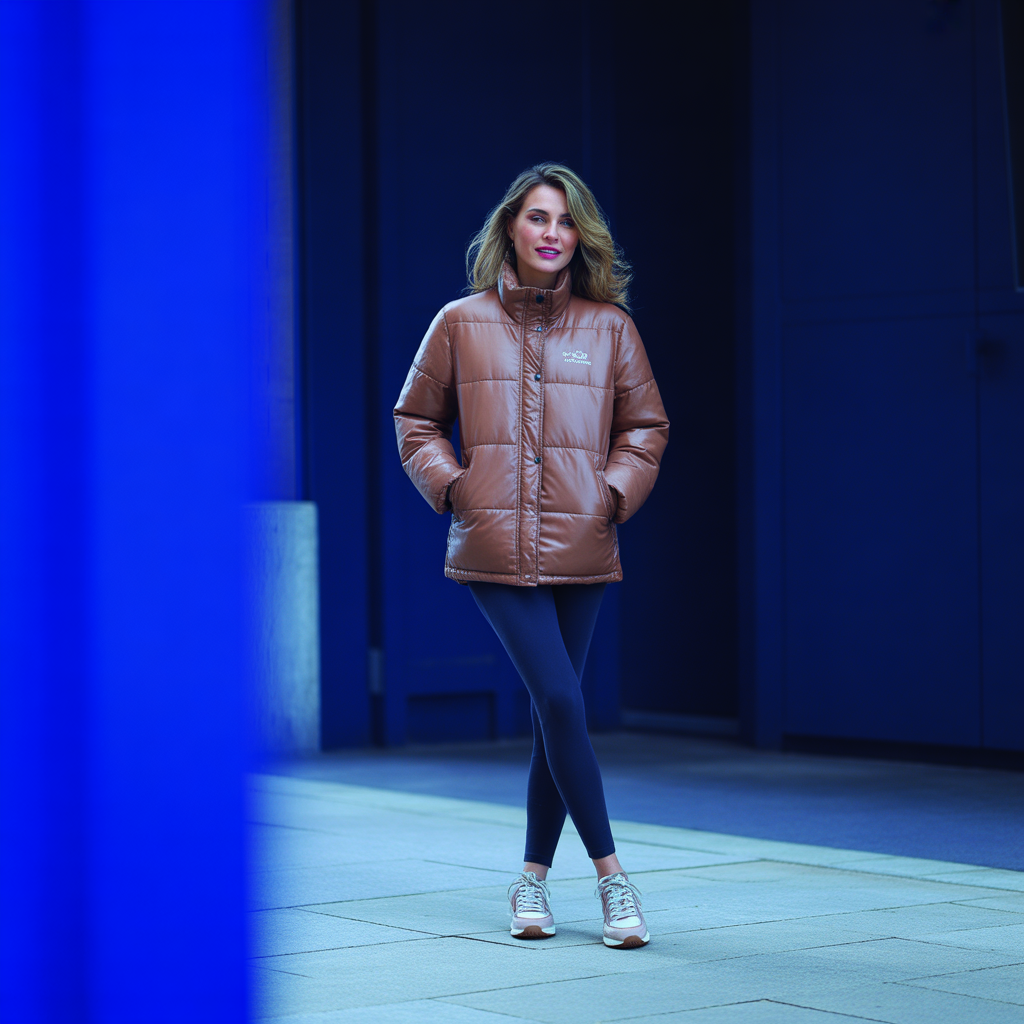 Brown Puffer Jacket with Leggings and Sneakers