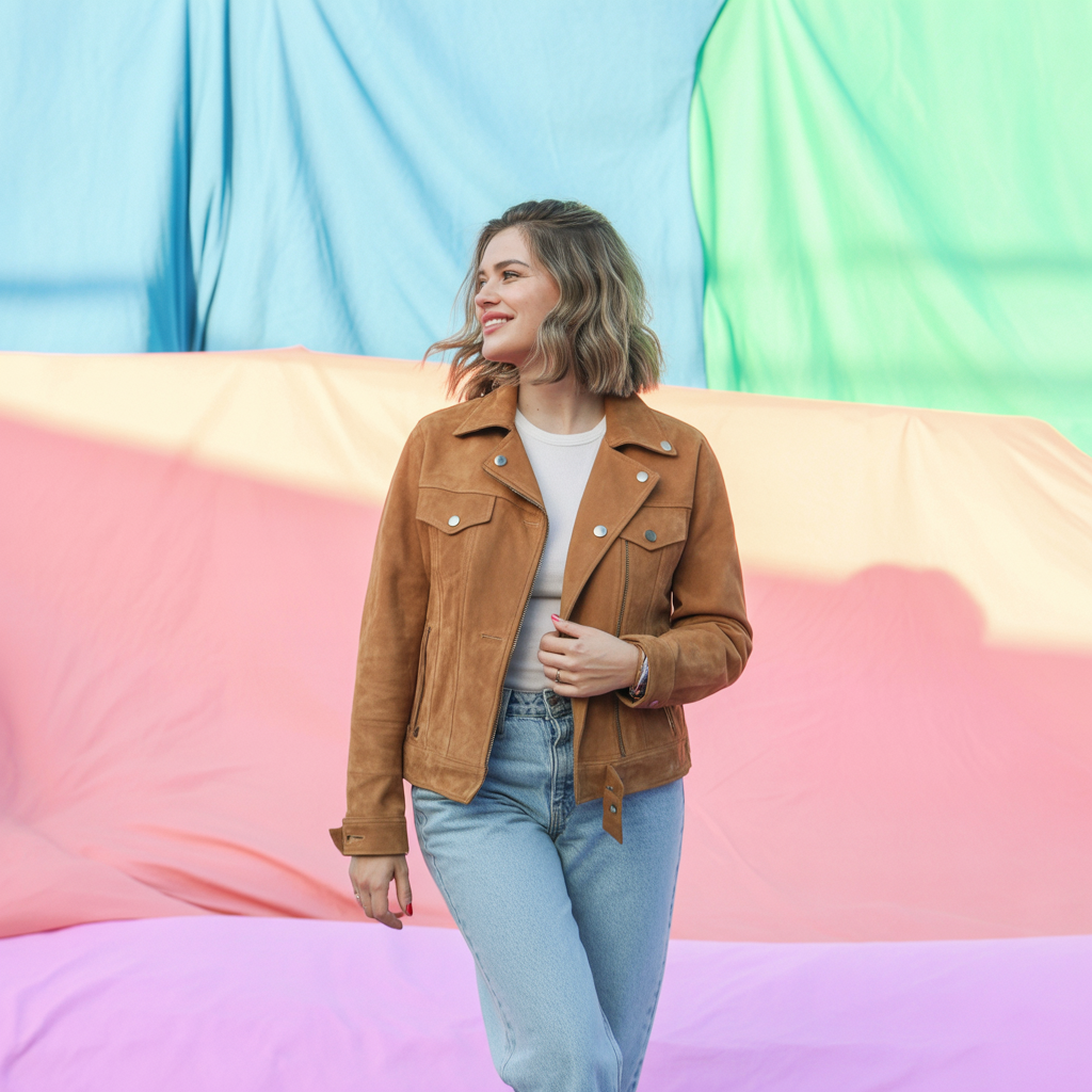 Brown Suede Jacket with Light Wash Jeans