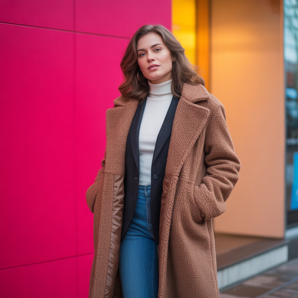 Brown Teddy Coat with Monochrome Outfit
