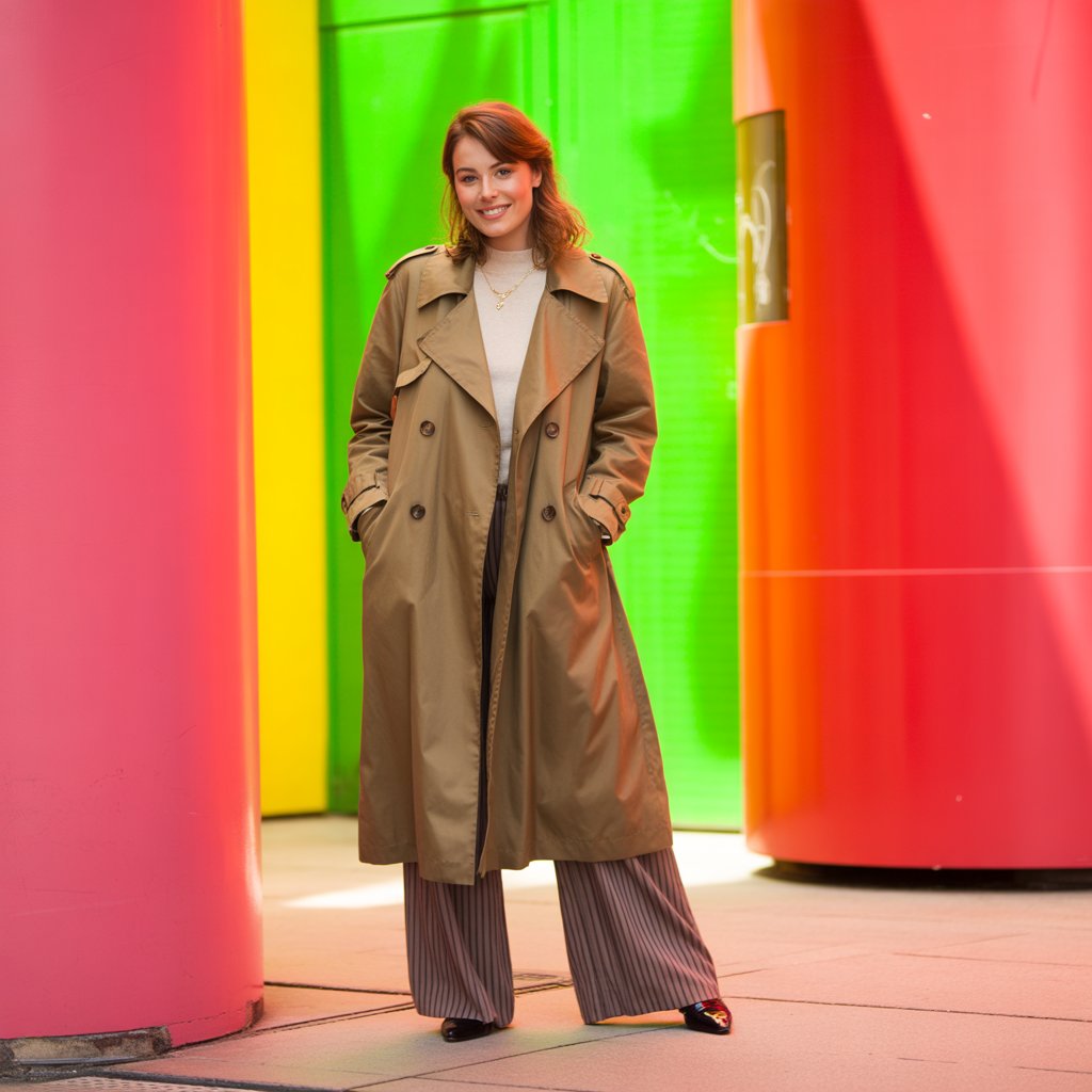 Brown Trench Coat with Wide-Leg Pants