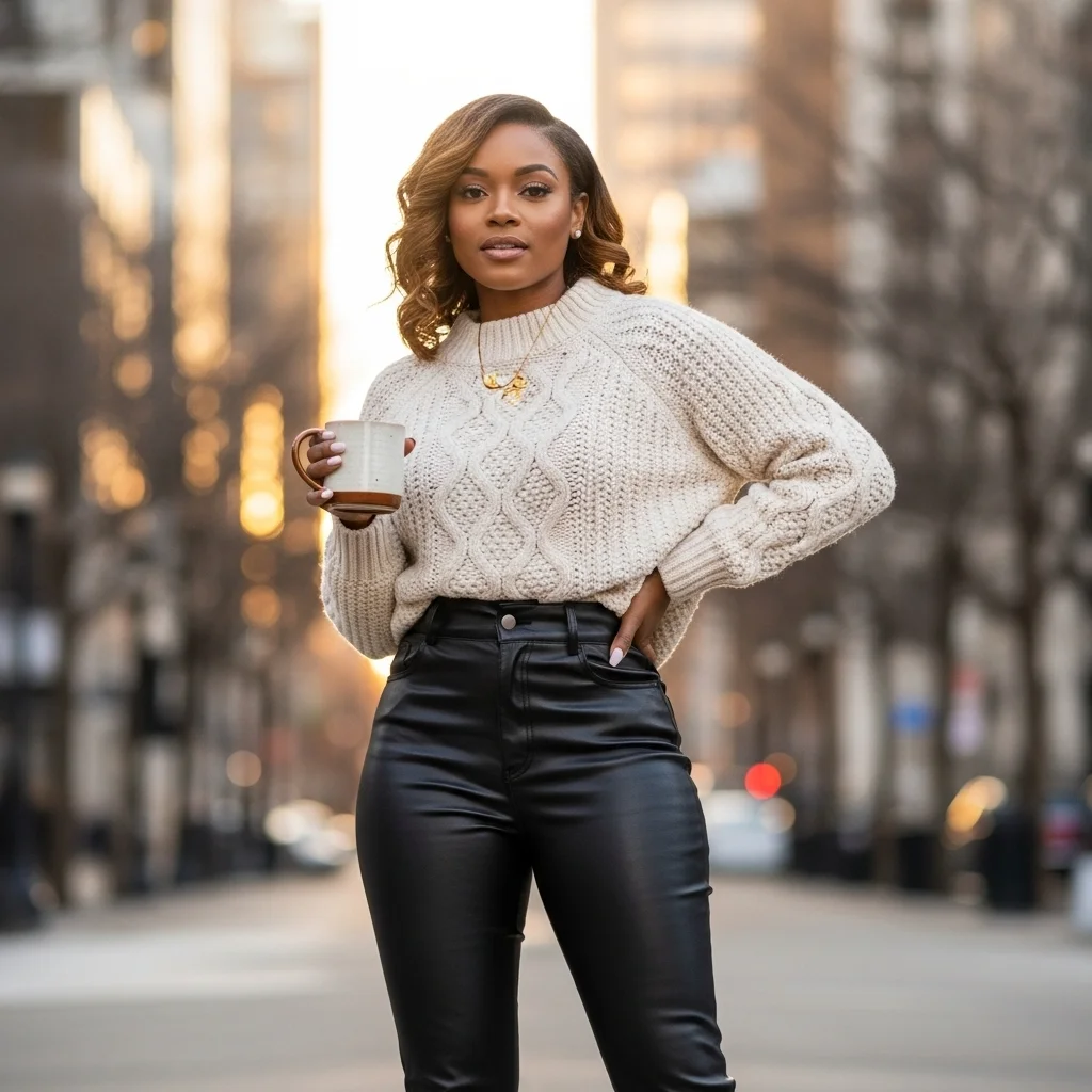 Cable-Knit Sweater and Leather Pants