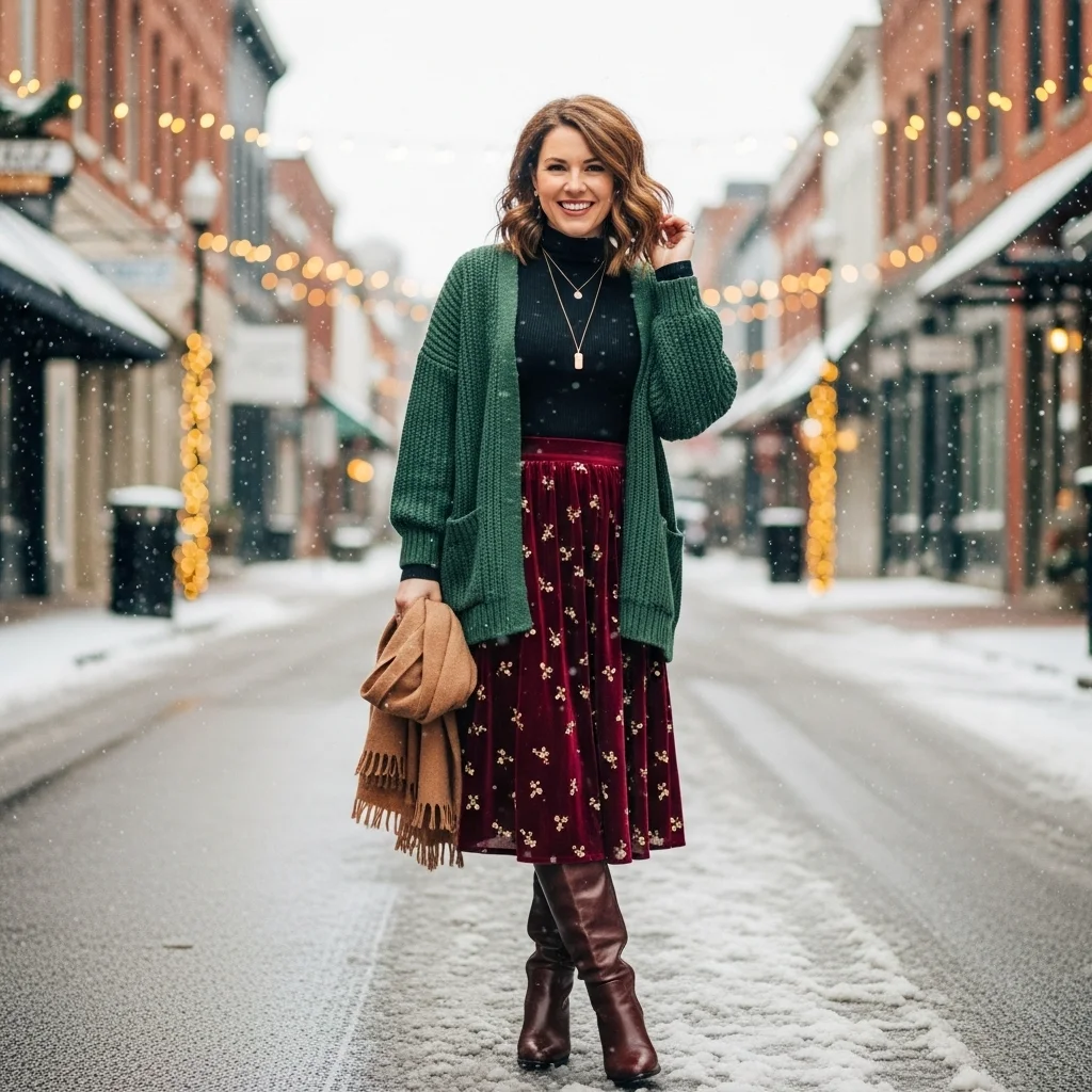 Cardigan and Midi Skirt with Boots