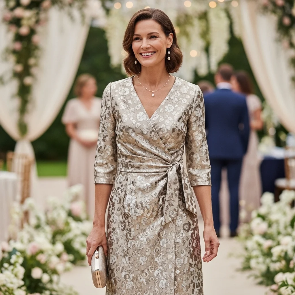 Champagne Brocade Wrap Dress with Waist Tie
