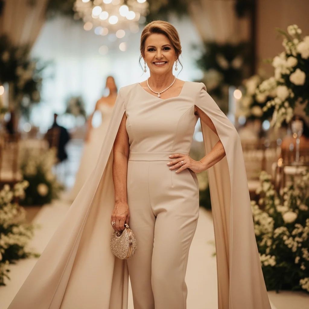 Champagne One-Shoulder Jumpsuit with Cape Overlay