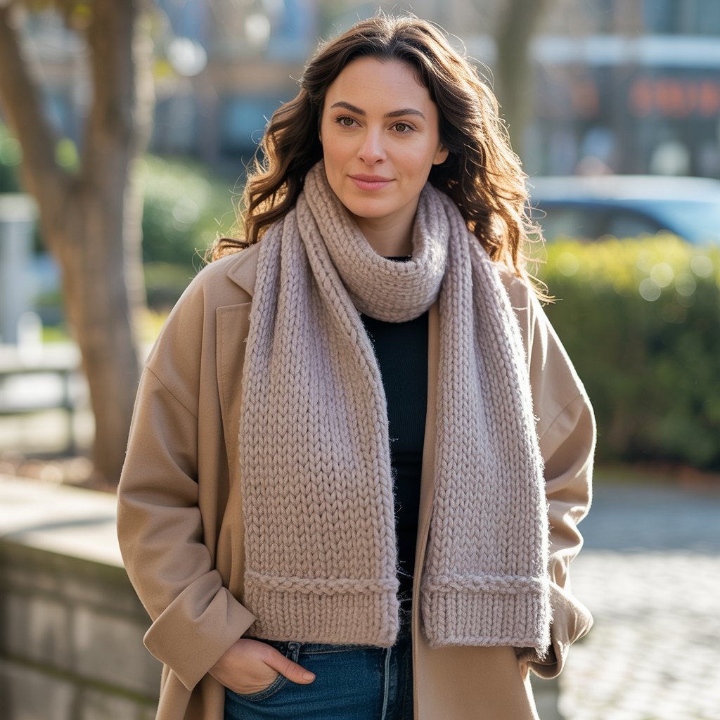Chunky Knit Scarf with a Simple Coat