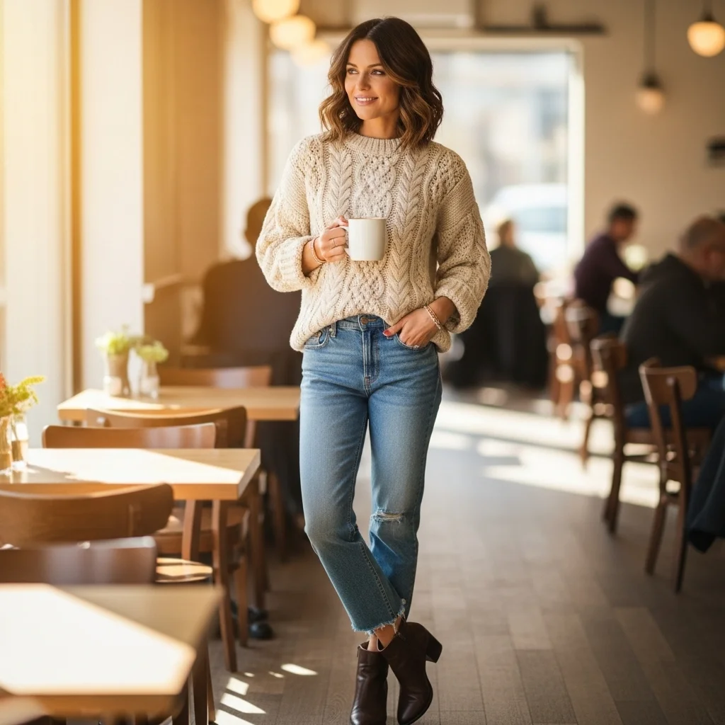 Chunky Sweater with Straight-Leg Jeans