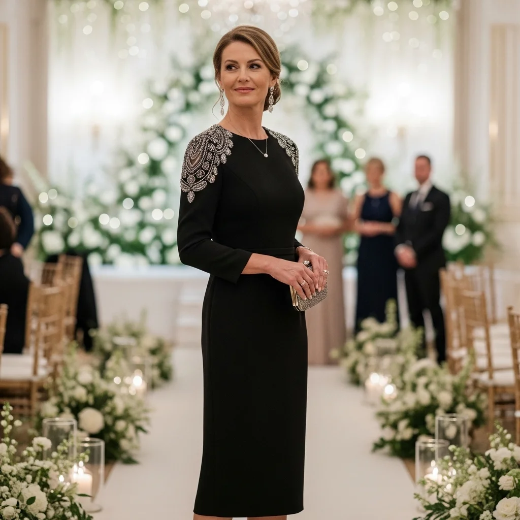 Classic Black Midi with Embellished Shoulders