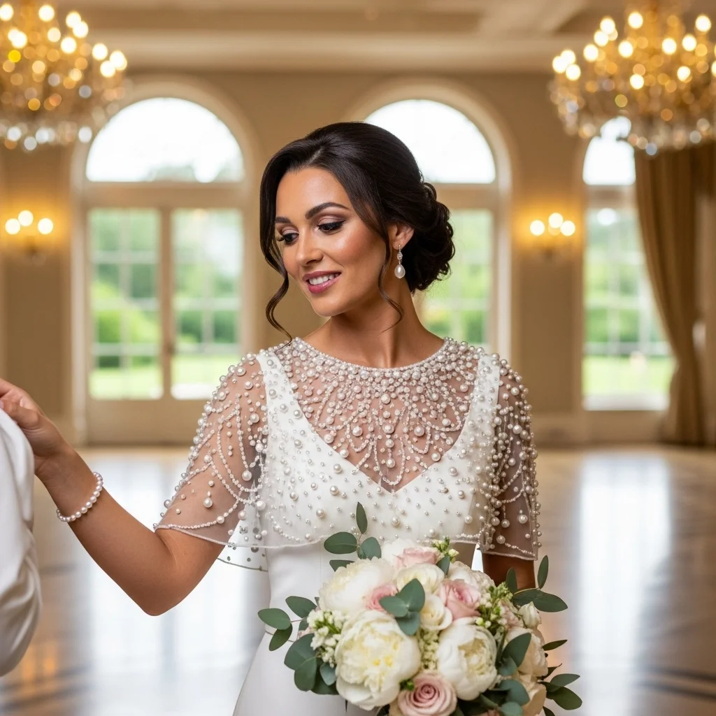 Crepe Sheath with Pearl-Embellished Capelet