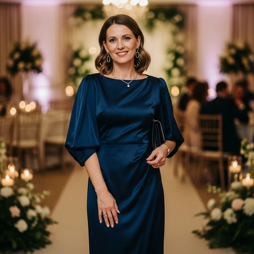Deep Navy Satin Midi with Soft Draped Sleeves