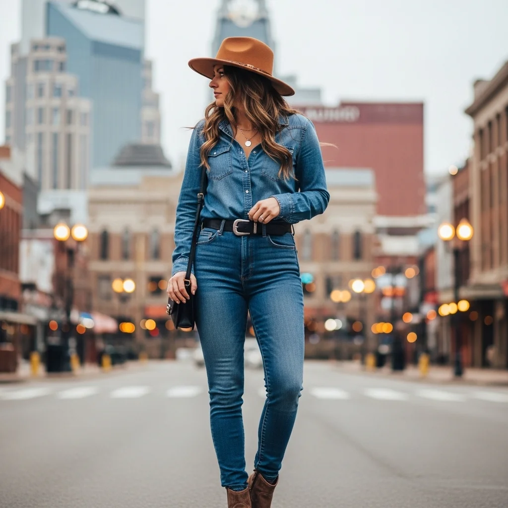 Denim-on-Denim with a Fedora Hat
