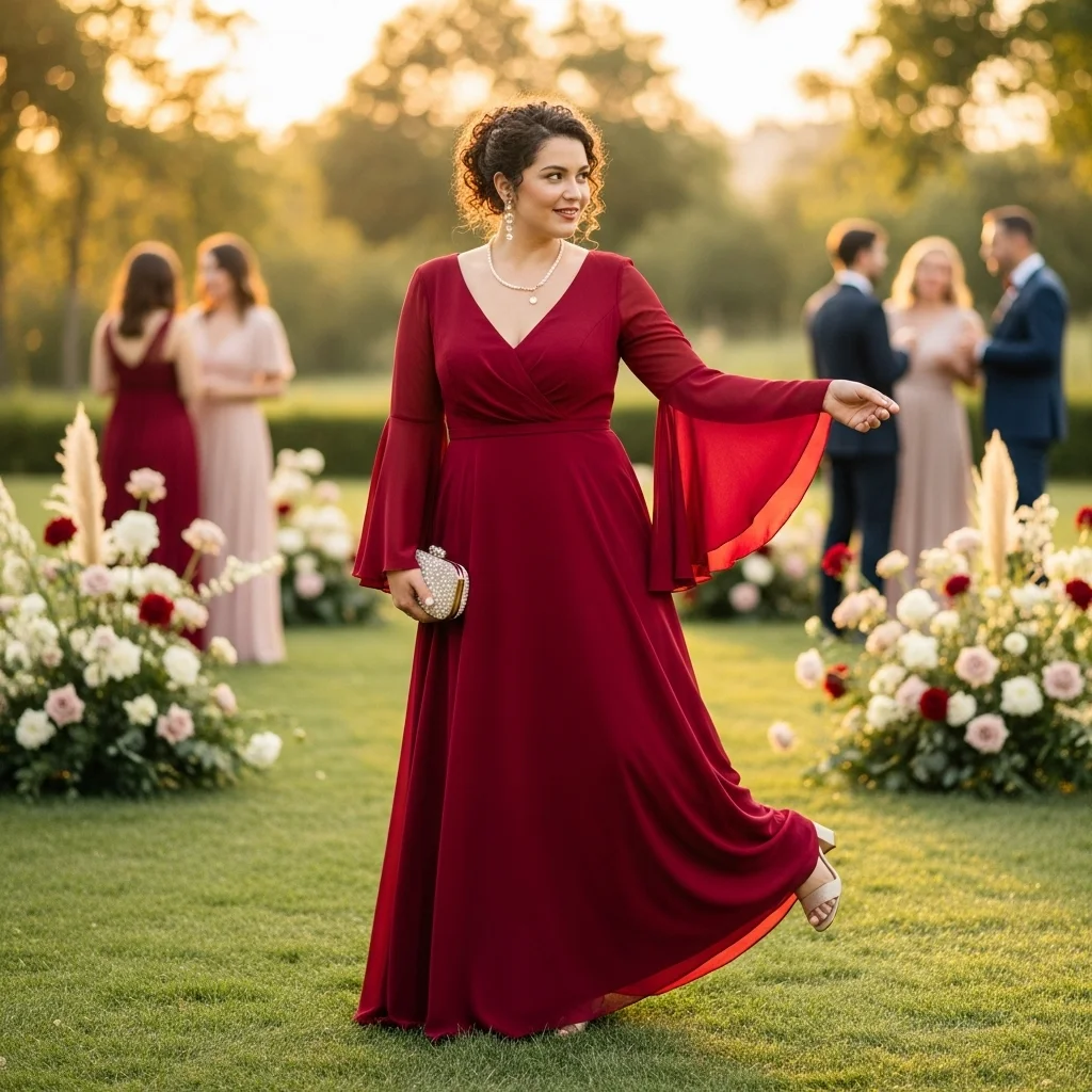 Dramatic Bell Sleeve Crimson Chiffon