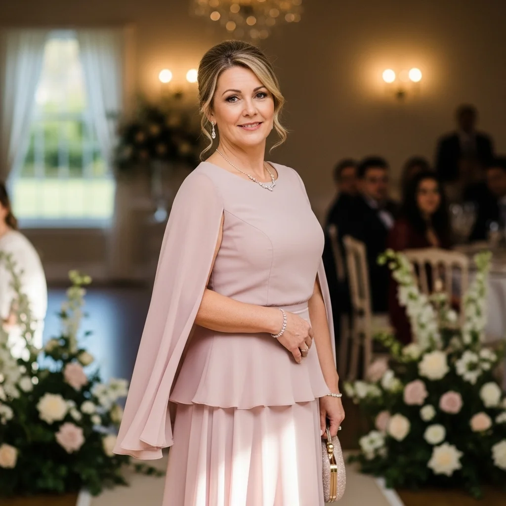 Dusty Rose Tiered Maxi Dress with Cape Sleeves