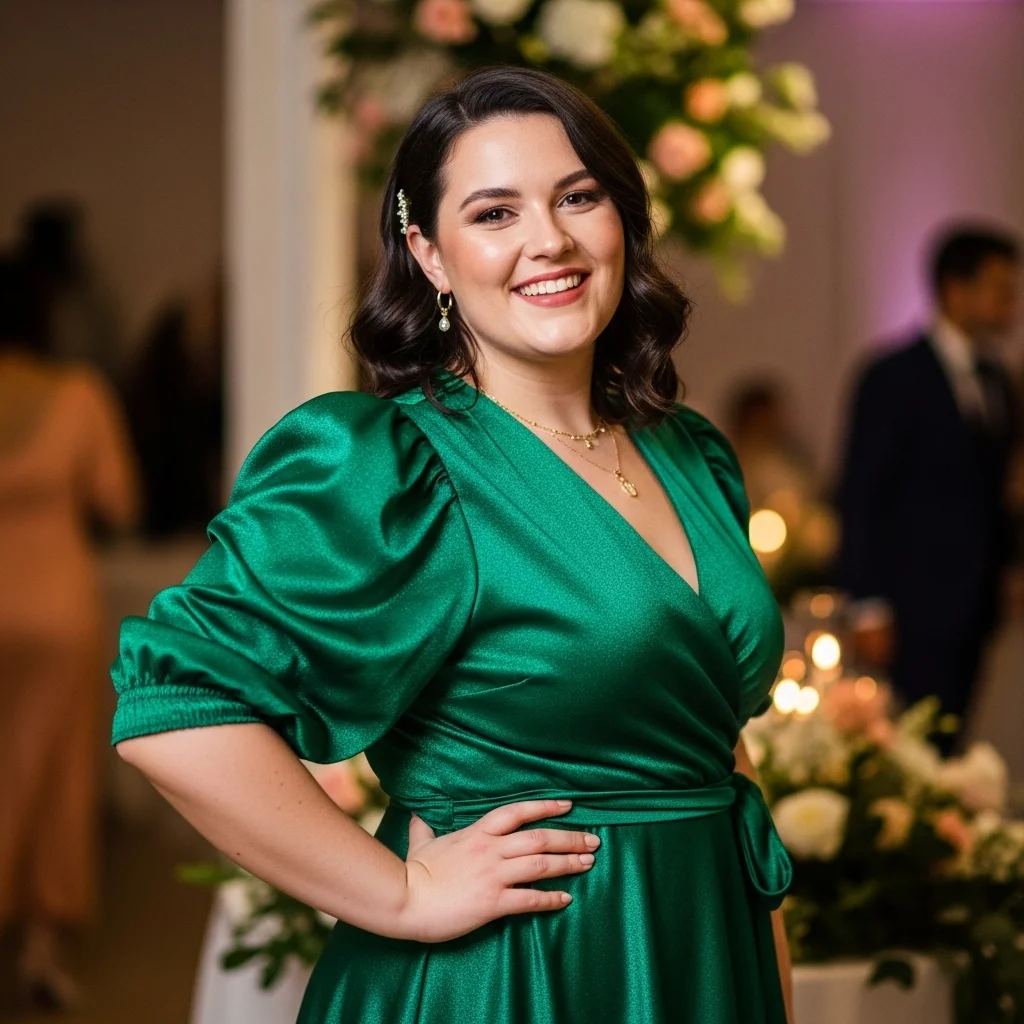 Emerald Green Puff Sleeve Wrap Dress