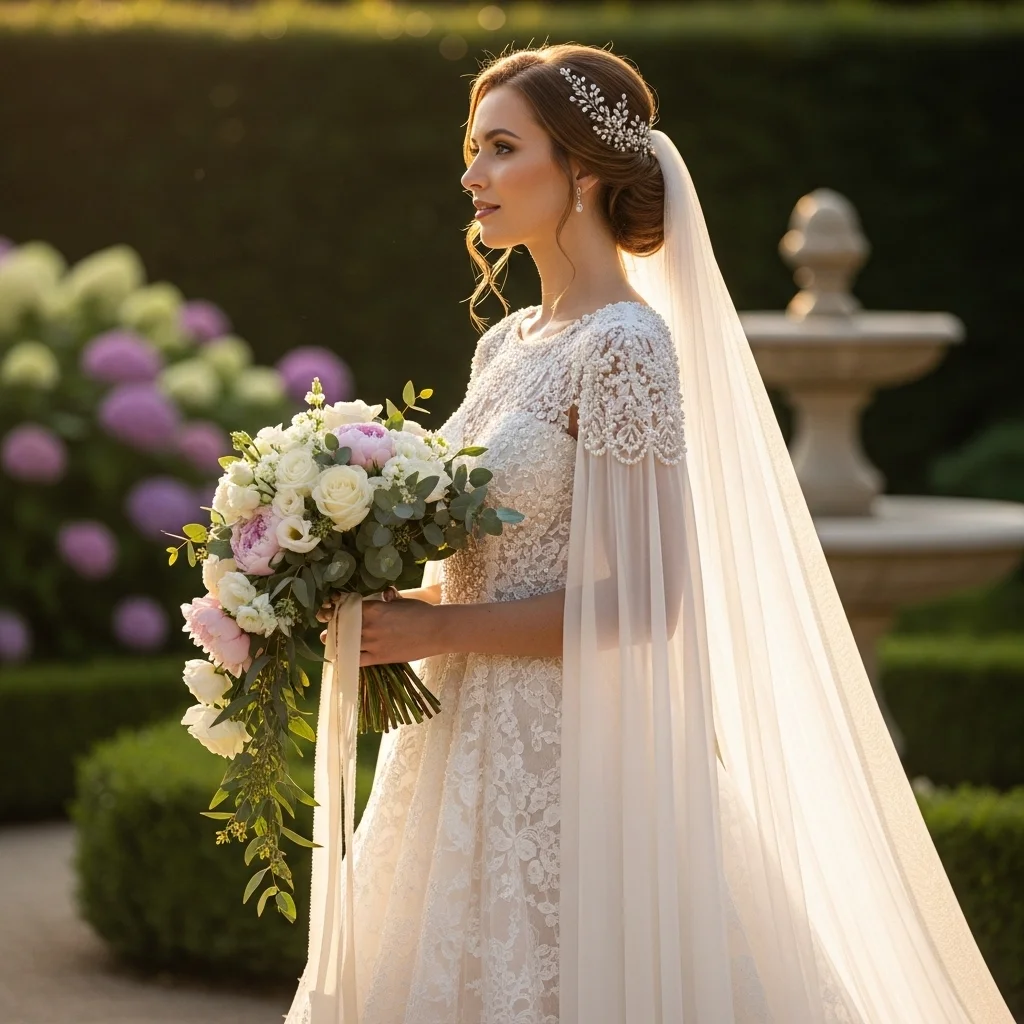 Ethereal Cape-Sleeve Ballgown in Ivory