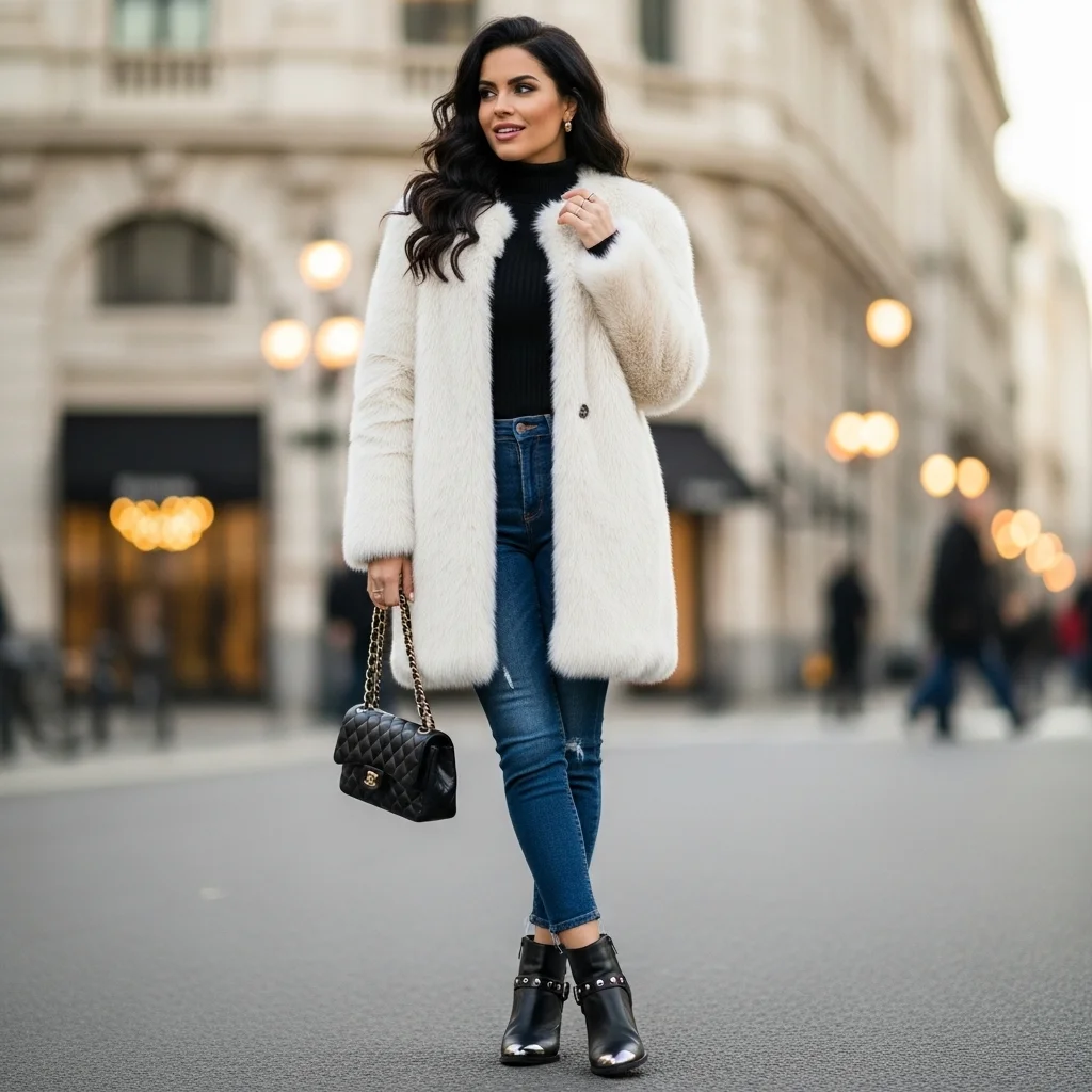Faux Fur Coat and Skinny Jeans