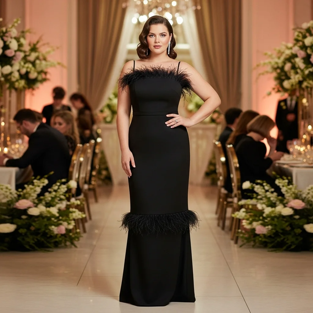 Feather-Trimmed Black-Tie Column Gown
