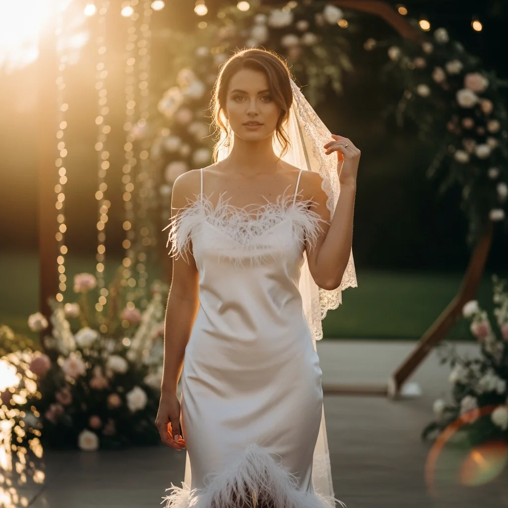 Feather-Trimmed Silk Slip Dress