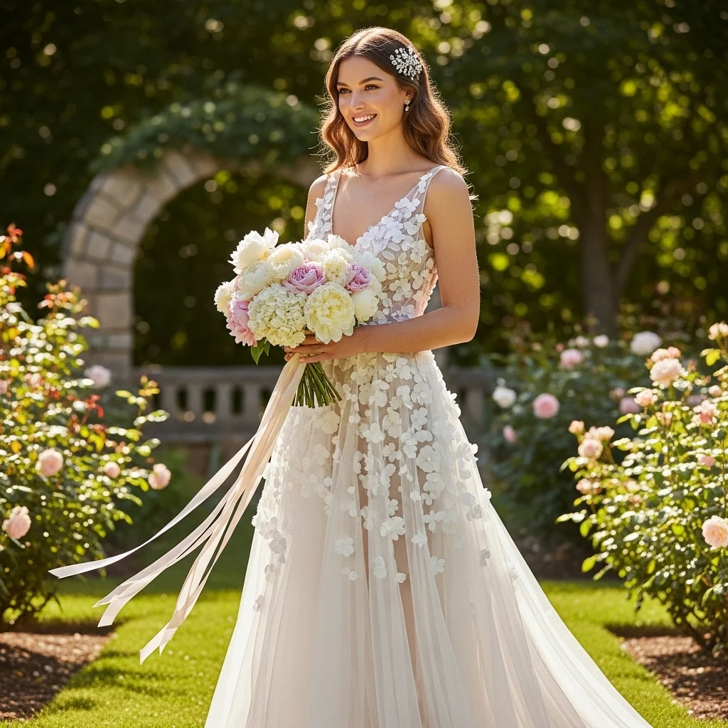 Floral Appliqué Organza Maxi