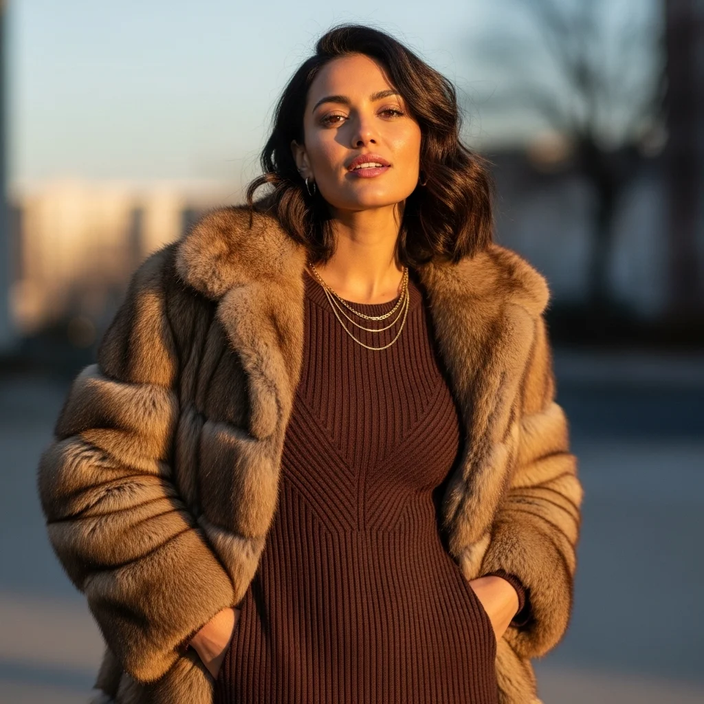 Fur Coat Layered Over Knit Dress