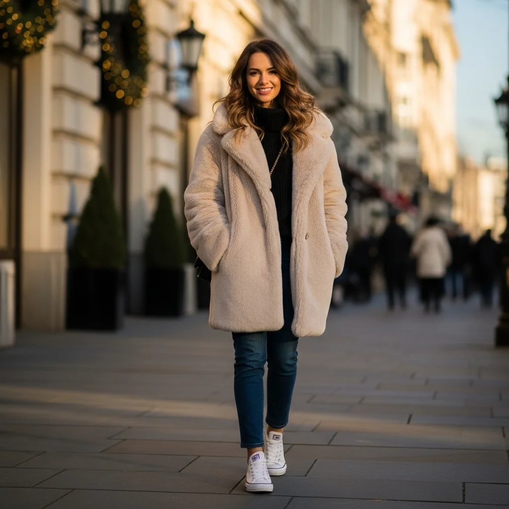 Fur Coat and Casual Sneakers