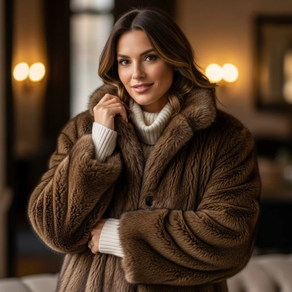 Fur Coat and Turtleneck Combo