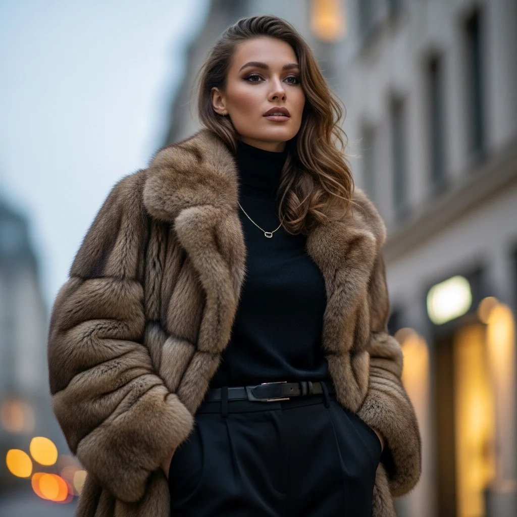 Fur Coat over All-Black Look