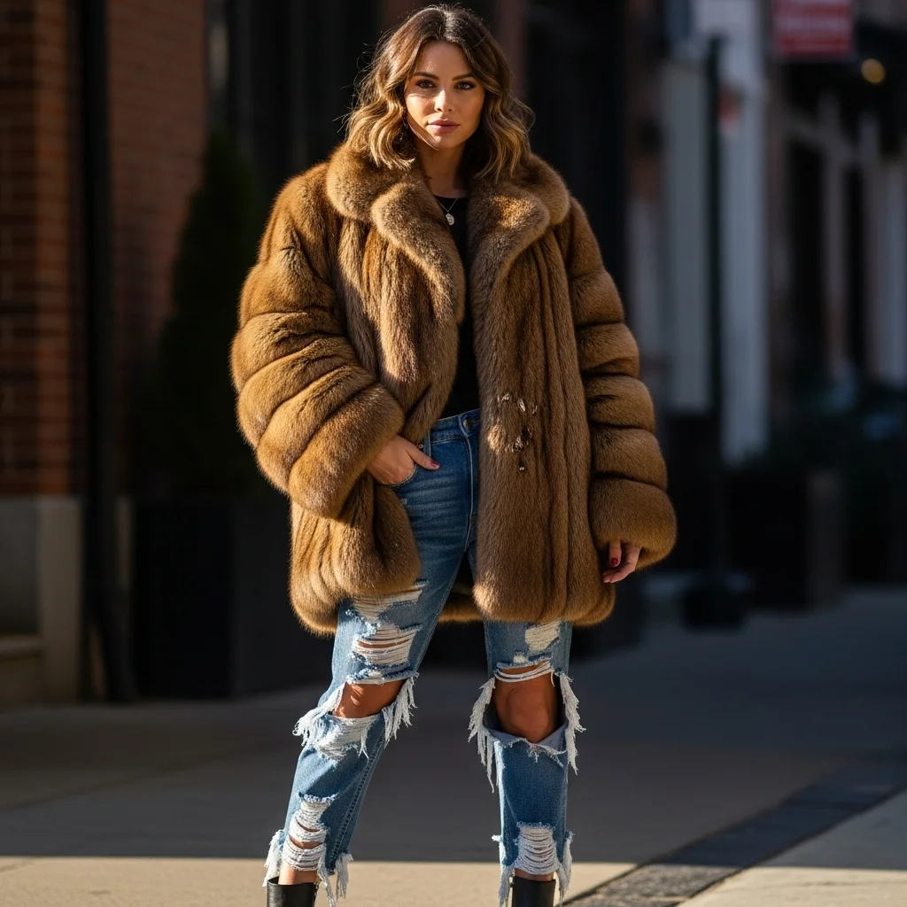 Fur Coat with Distressed Denim