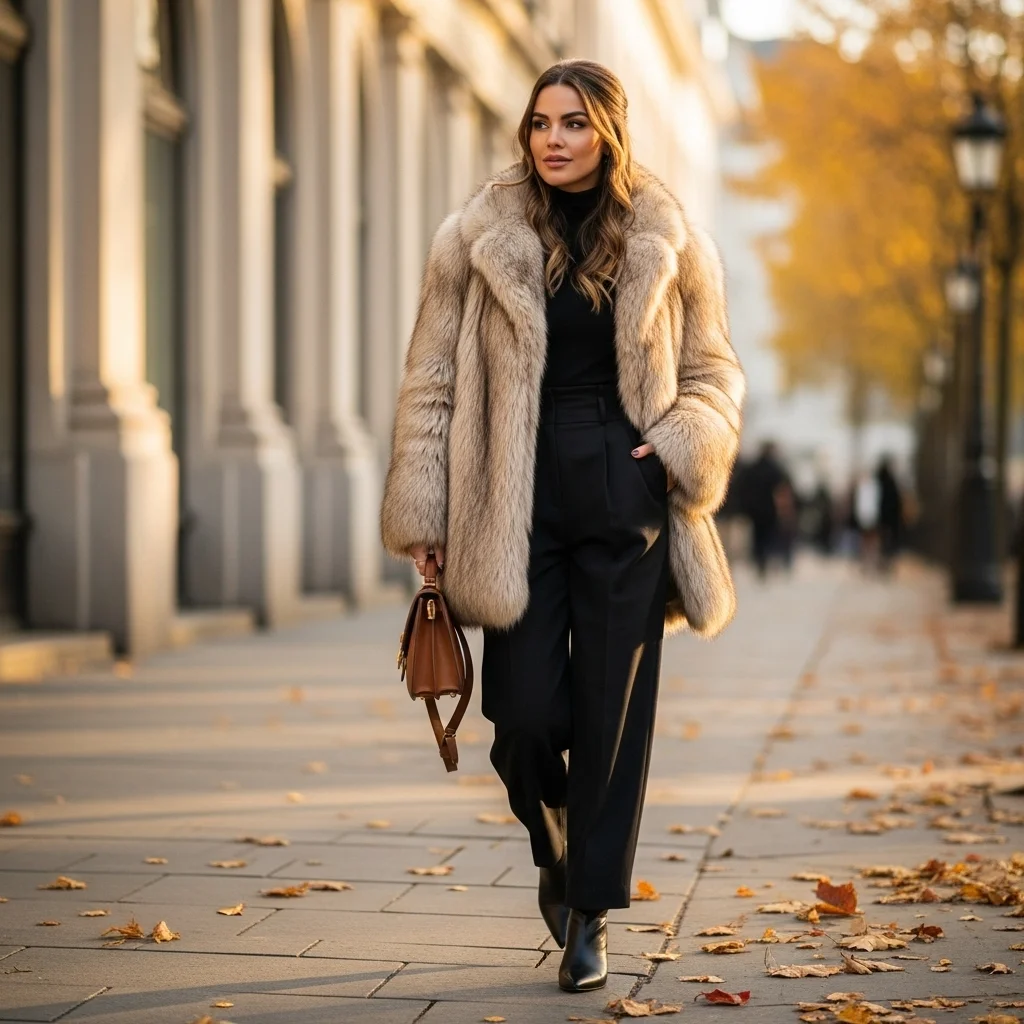 Fur Coat with Wide-Leg Trousers